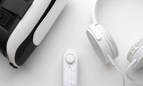 top view virtual reality headset white headphones